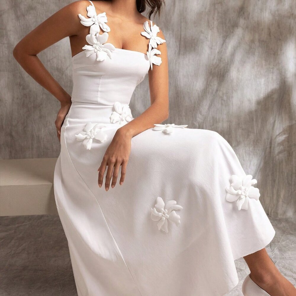 White Elegant Women's 3d Flower Sleeveless Sling Maxi Dress